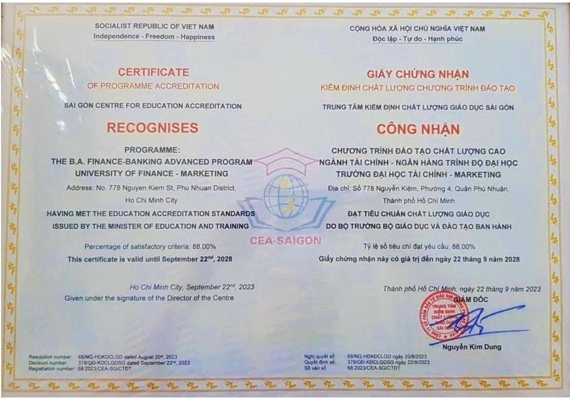 GCN kiểm định chất lượng CTĐT chất lượng cao trình độ ĐH ngành TC - NH năm 2023